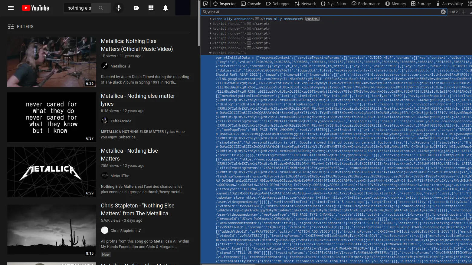 JSON array YouTube uses to store metadata