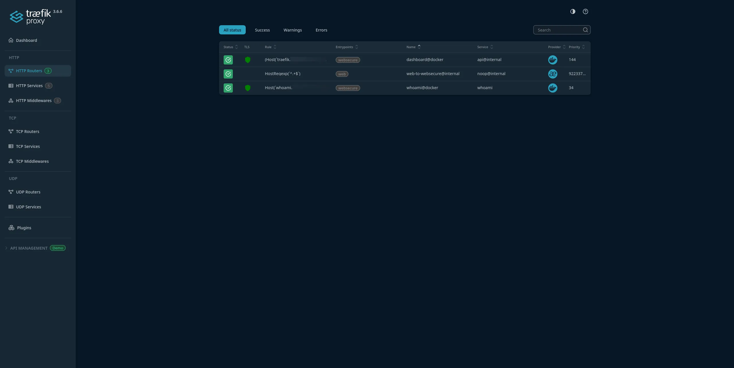 Routers showing the routes created by Traefik
